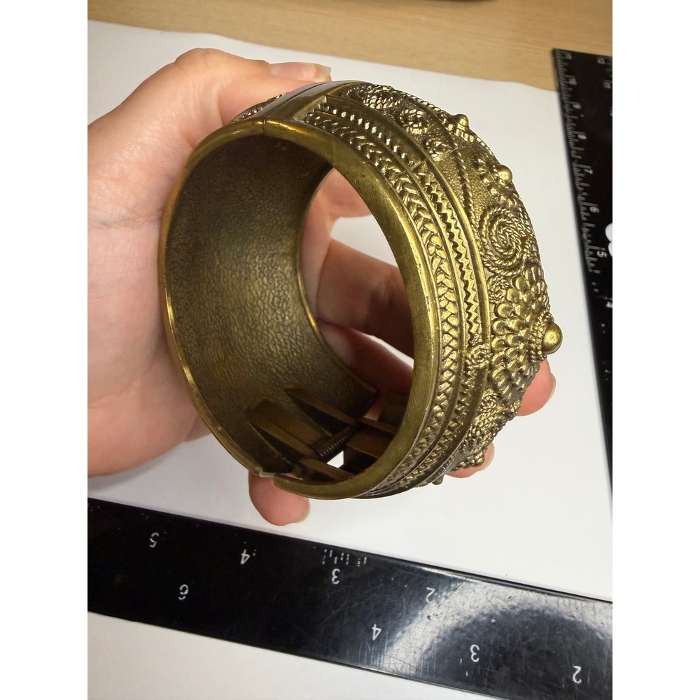 Ornate Brass Tone Floral Repousse Hinged Cuff Bracelet Statement Boho Wide - Picture 2 of 4
